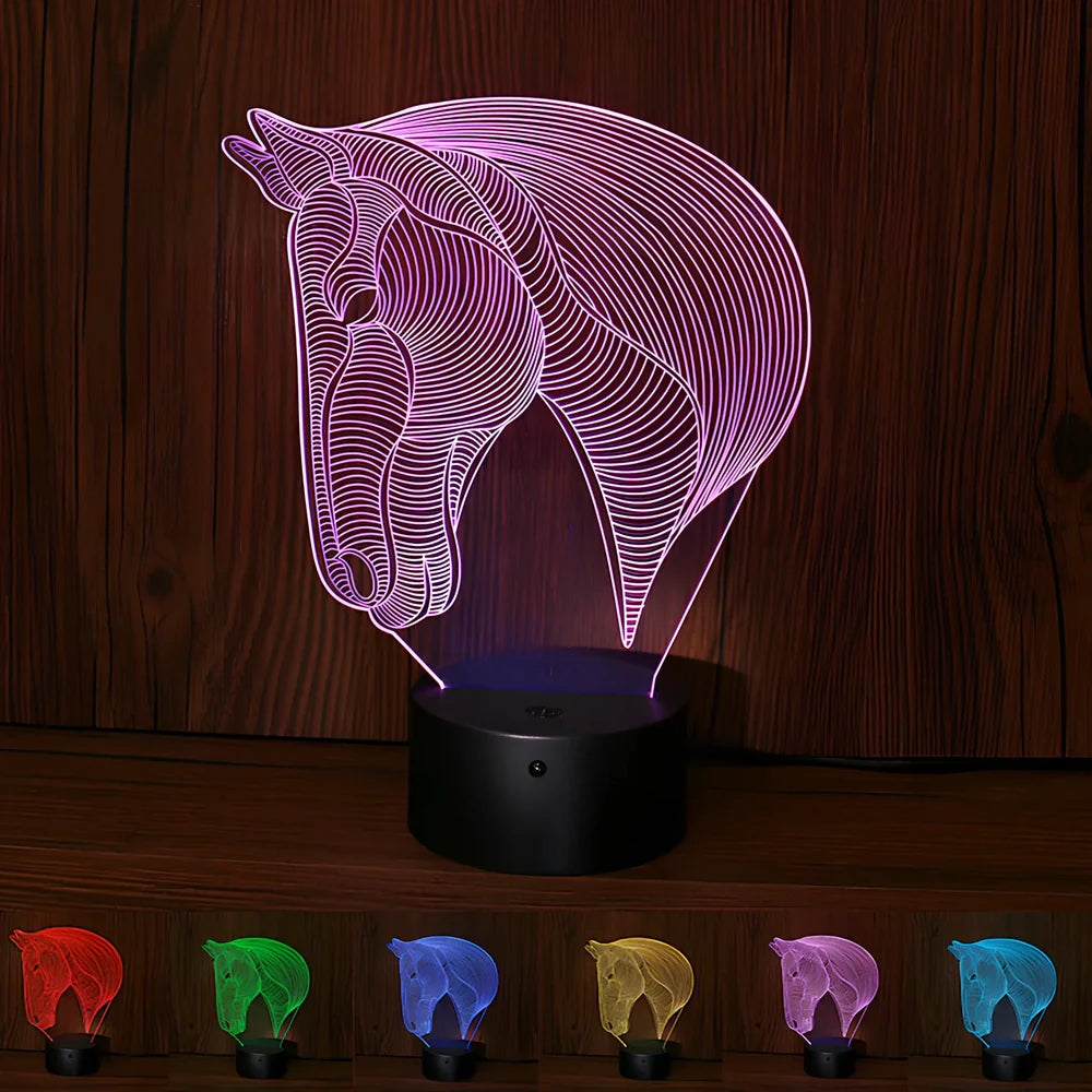 Horse head shaped LED night light with touch control showing multiple colour options