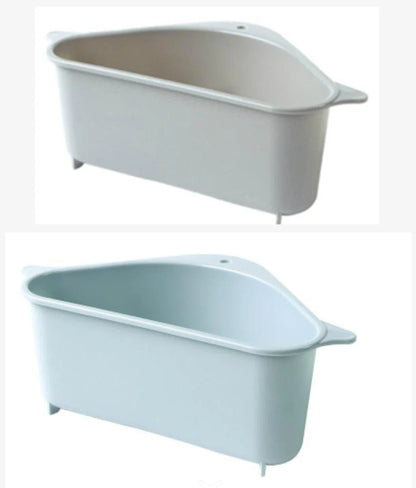 Multifunctional dish drying rack with raised edges and triangle shape for convenient storage of sponges, scrubbers, and soap in kitchen sinks