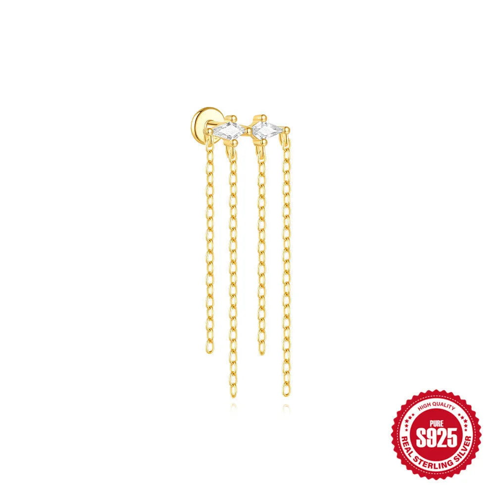 S925 sterling silver geometric kite earrings with rhinestone chain tassel in gold plating