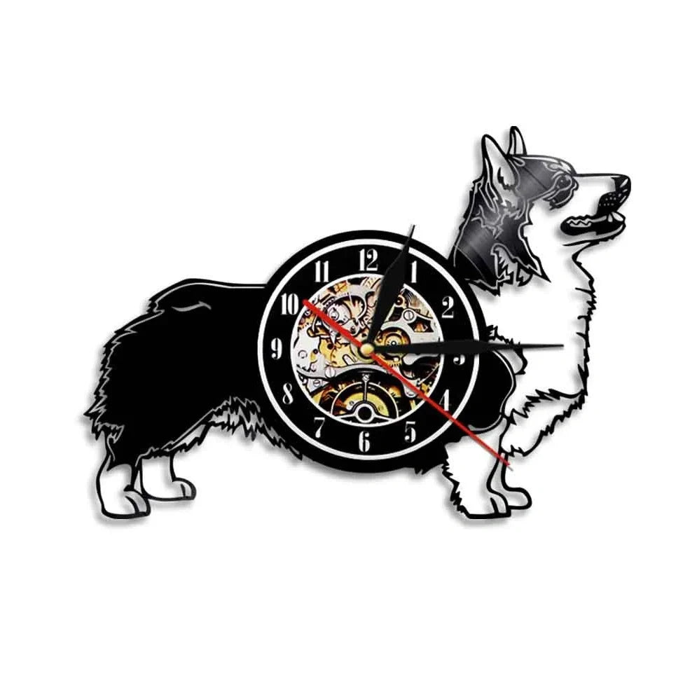 30cm vinyl record wall clock with dog breed designs, silent quartz movement, and pre-installed hook