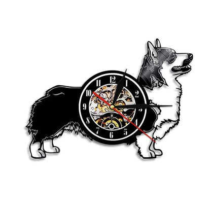 30cm vinyl record wall clock with dog breed designs, silent quartz movement, and pre-installed hook