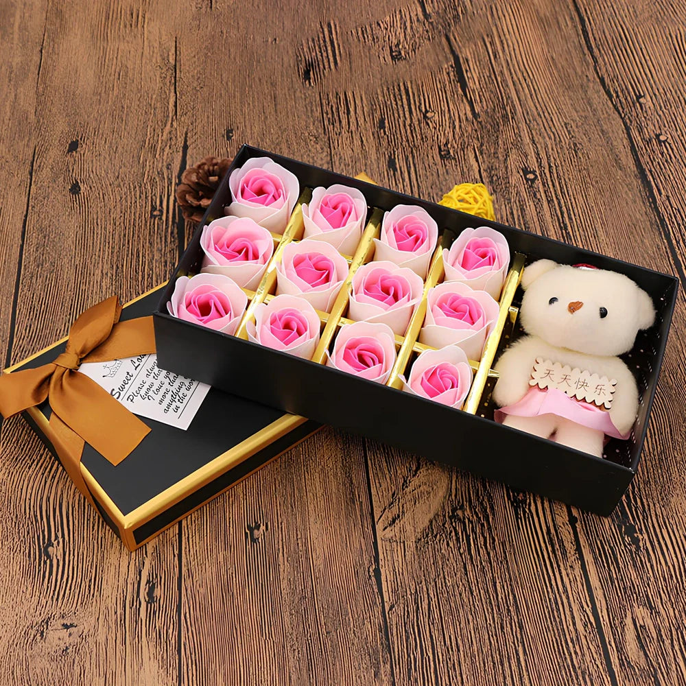 12 red soap roses in 25cm basket with eternal flower preservation for gifting