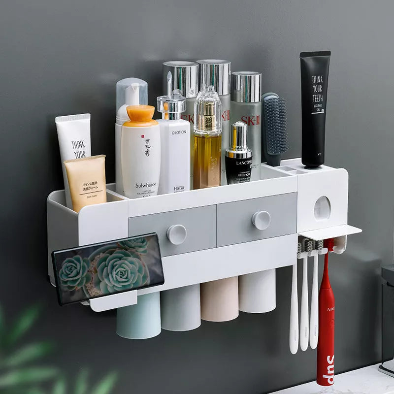 Wall-mounted magnetic toothbrush rack with automatic toothpaste dispenser in white plastic
