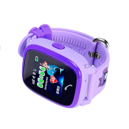 DF25 blue children's waterproof smart watch with touch screen displayed on a silicone wristband.