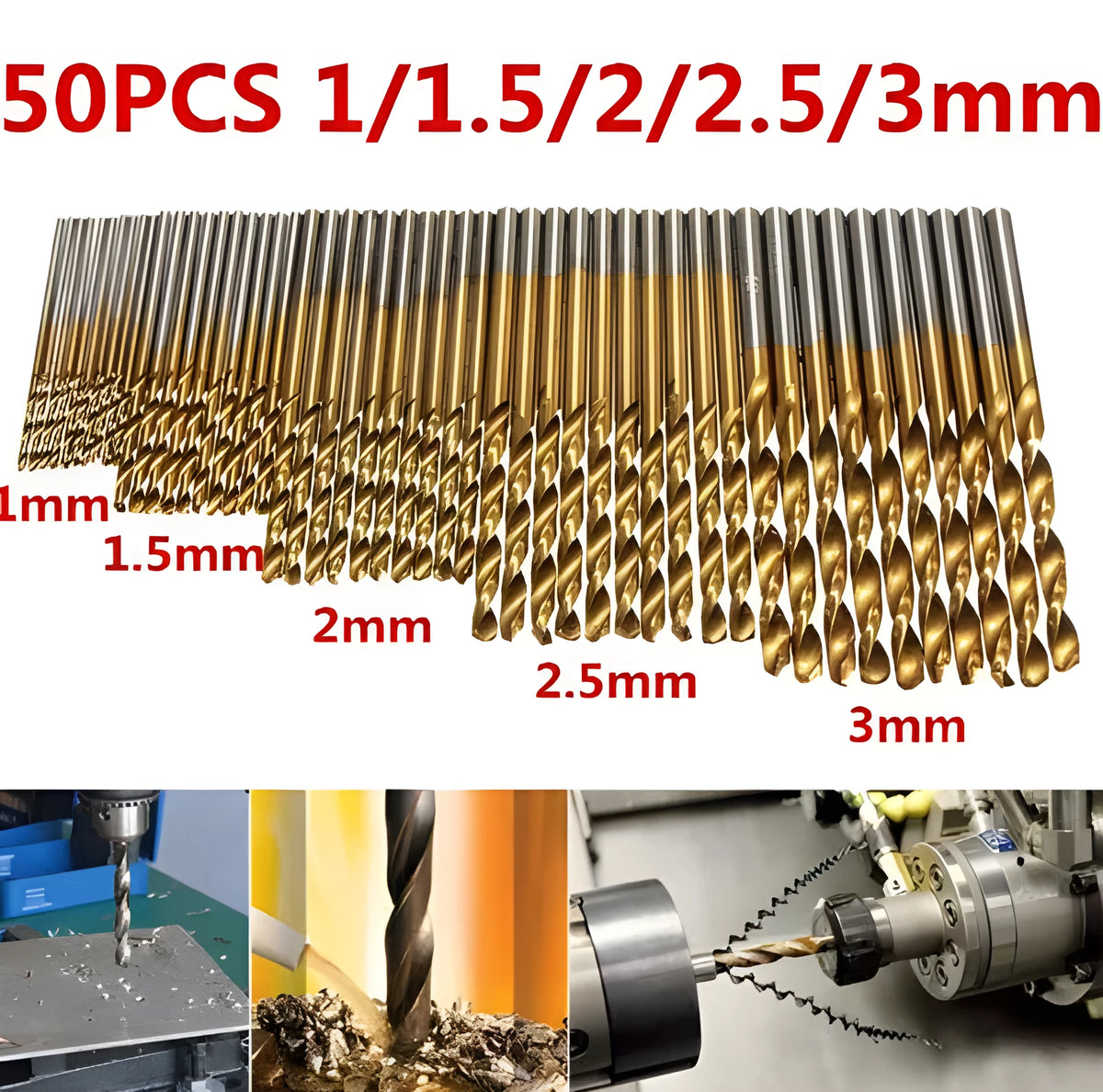 50-piece titanium-coated high-speed steel HSS twist drill bit set for hand tools.