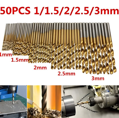 50-piece titanium-coated high-speed steel HSS twist drill bit set for hand tools.