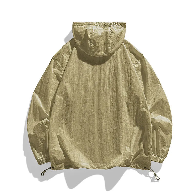 Lightweight spandex sun protection jacket for men and women with a hood, shown in caramel colour