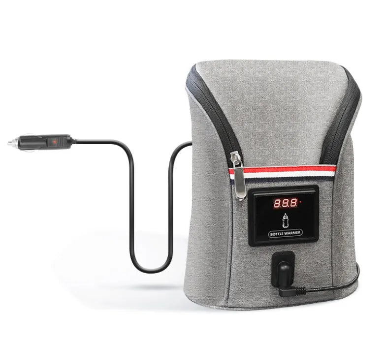 Grey Oxford cloth portable baby bottle warmer with electronic display for car USB charging
