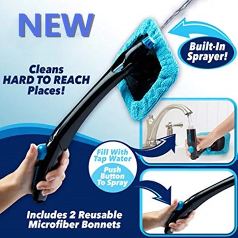 Car Window Brush with swivel head and built-in water sprayer for streak-free cleaning