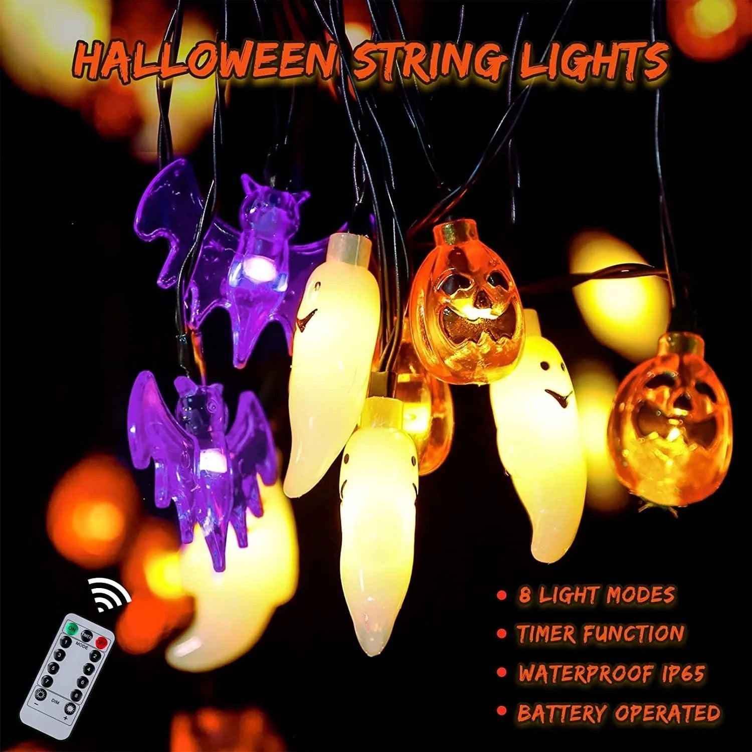 LED Halloween string lights with pumpkin, spider, bat, and skull designs for indoor and outdoor decor