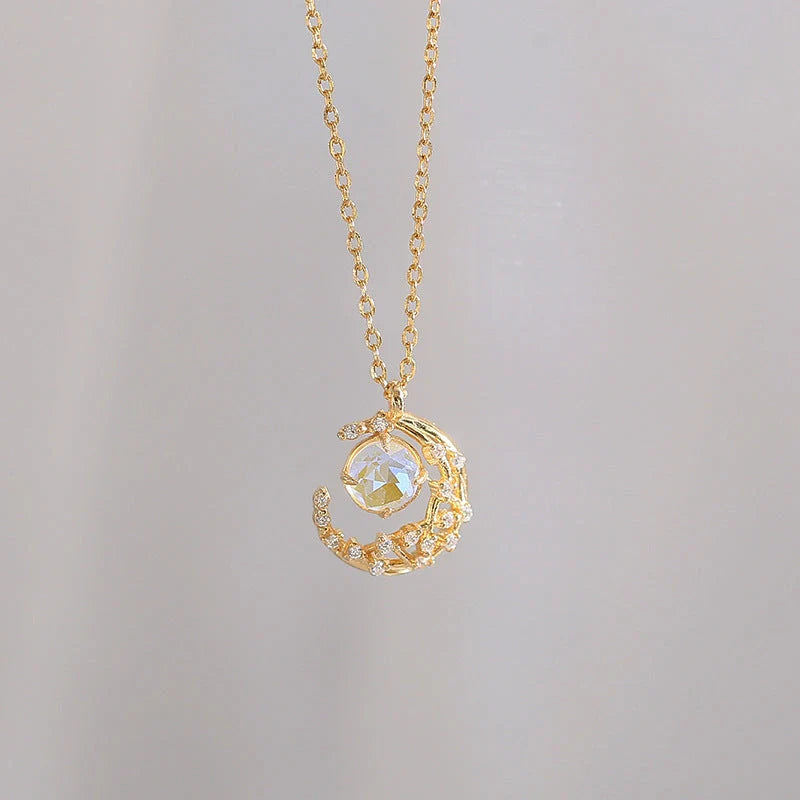 Ladies Moon Necklace with diamond-processed alloy pendant and adjustable chain