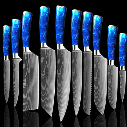 8-inch Chef Knife with vibrant blue resin handle, perfect for precision cutting in the kitchen.