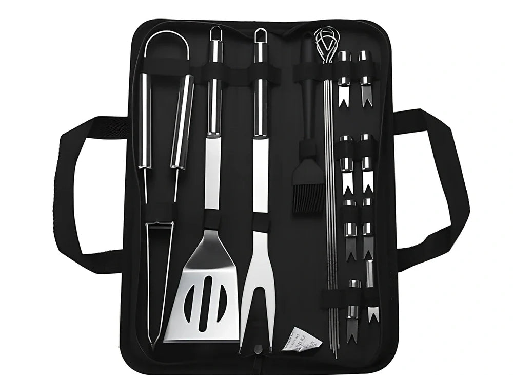 10-piece stainless steel BBQ tool set with shovel, knife, clip, strings, fork, brush in storage bag