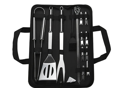 10-piece stainless steel BBQ tool set with shovel, knife, clip, strings, fork, brush in storage bag