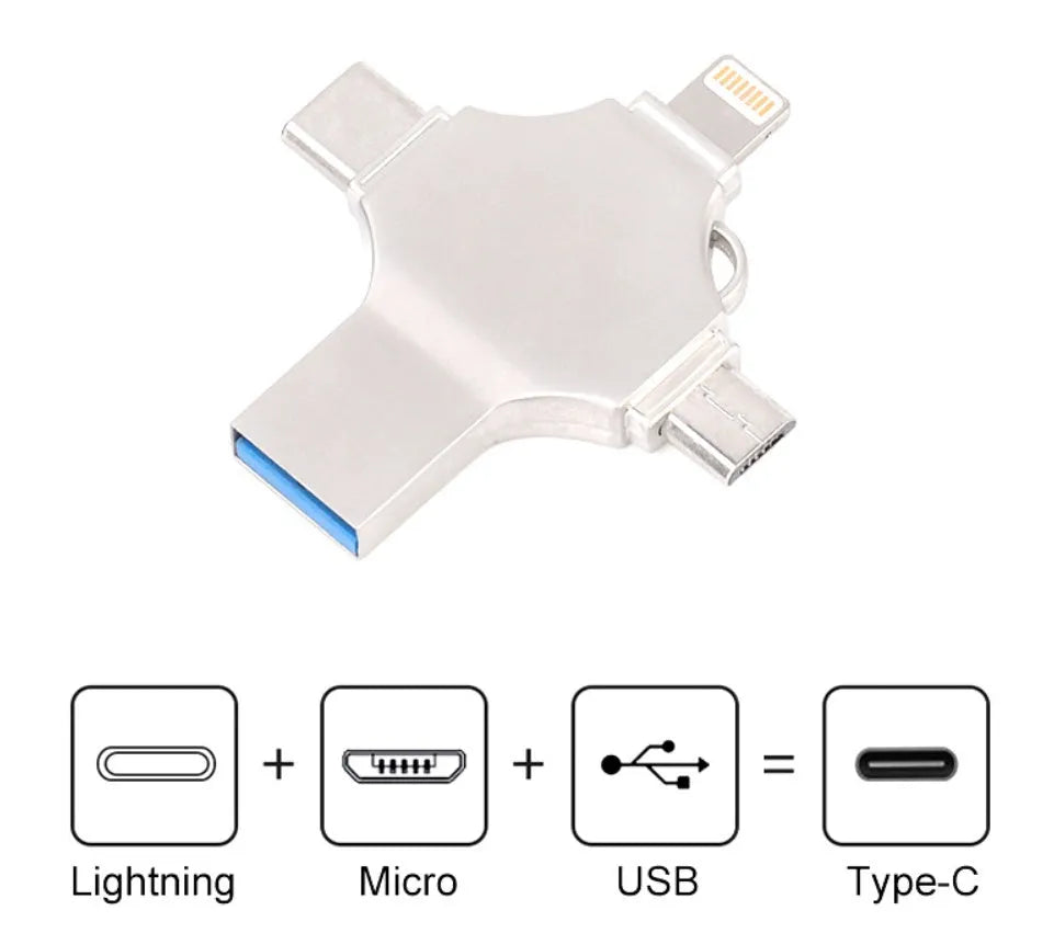 Metal mobile phone U disk with 4-in-1 iOS, Micro USB, Type-C and USB 3.0 connectors, 11g, in Silver