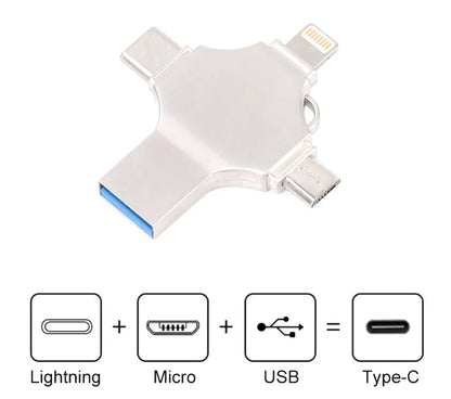 Metal mobile phone U disk with 4-in-1 iOS, Micro USB, Type-C and USB 3.0 connectors, 11g, in Silver
