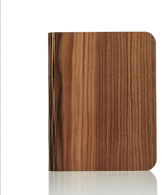 Solid wood USB book light in three sizes showing white and warm white light options.