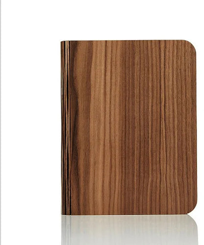 Solid wood USB book light in three sizes showing white and warm white light options.