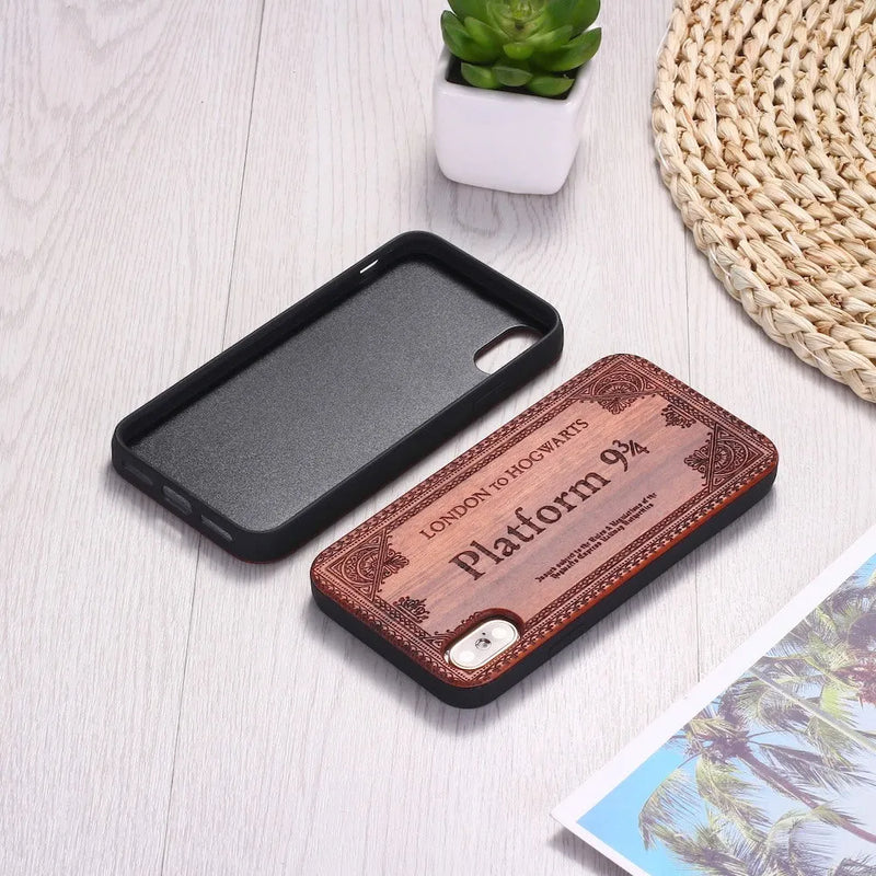 Wooden phone case with TPU bumper for iPhone models 5 through 11 Pro Max, featuring laser-carved designs including cartoon animals, floral patterns, graffiti, and starry sky, available in cherry wood and rosewood material options.