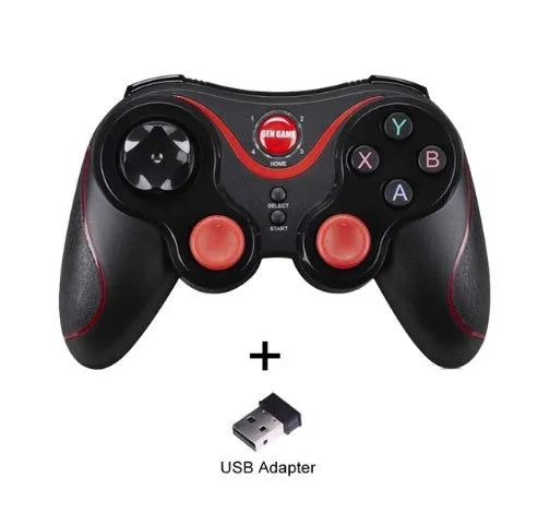 Upgraded X3 Bluetooth wireless game controller with mobile phone clip attached, showing textured grips and button layout