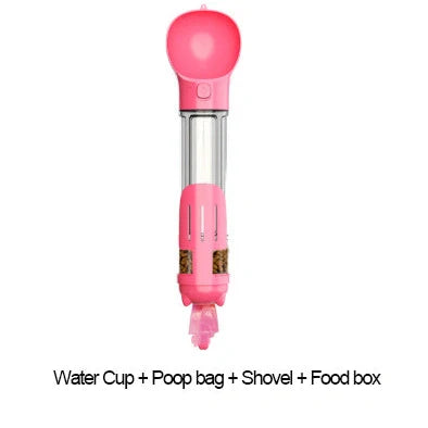 Aquamarine portable dog water bottle with attached poop bag dispenser and treat holder compartment