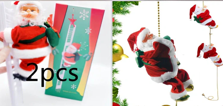 Electric plastic Santa Claus on 30cm climbing ladder with riding deer, in red suit, for Christmas decorations