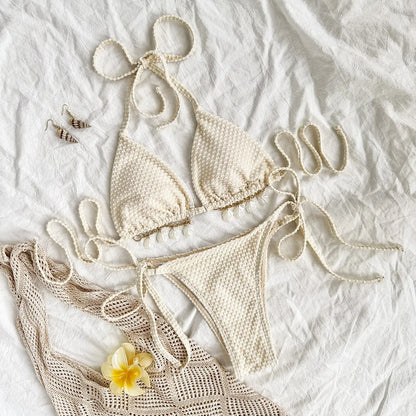Women's halter lace-up bikini set with adjustable back ties in milky white colour