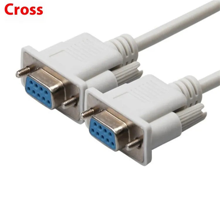 Close-up of a milky white DB9 female-to-female RS232 serial cable, 1.5 metres long.