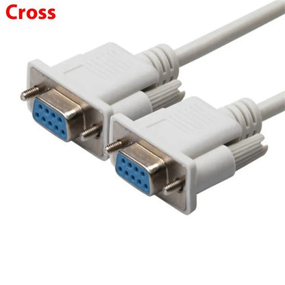 Close-up of a milky white DB9 female-to-female RS232 serial cable, 1.5 metres long.