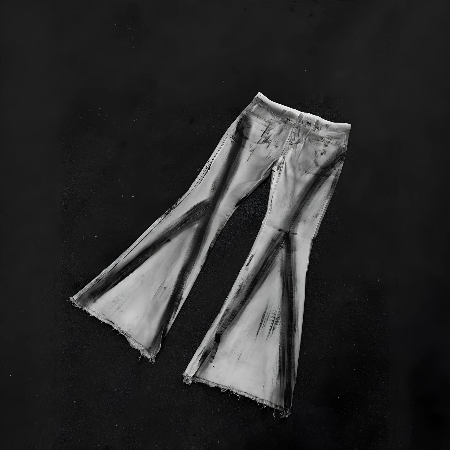 White cotton denim jeans trousers with black ribbon gradient detailing and mid-waist zip placket design