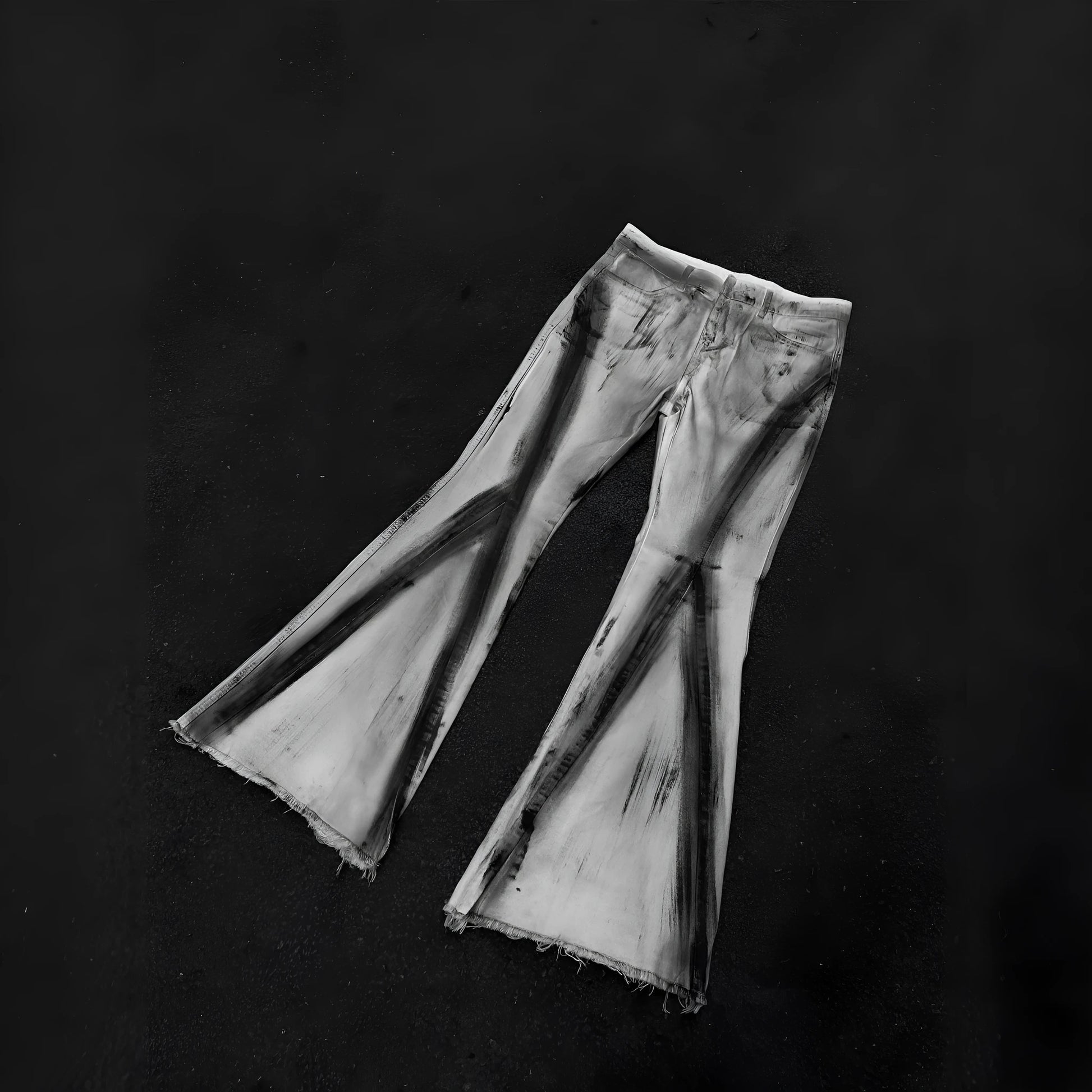 White cotton denim jeans trousers with black ribbon gradient detailing and mid-waist zip placket design