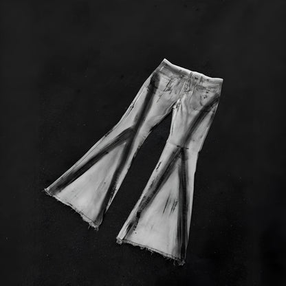 White cotton denim jeans trousers with black ribbon gradient detailing and mid-waist zip placket design