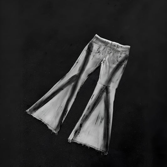 White cotton denim jeans trousers with black ribbon gradient detailing and mid-waist zip placket design