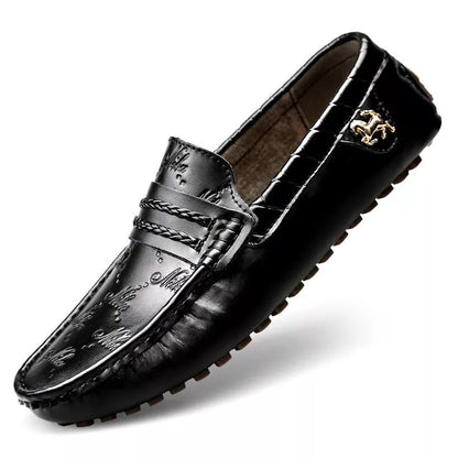 Men's black plus size authentic leather driving loafers with rubber sole
