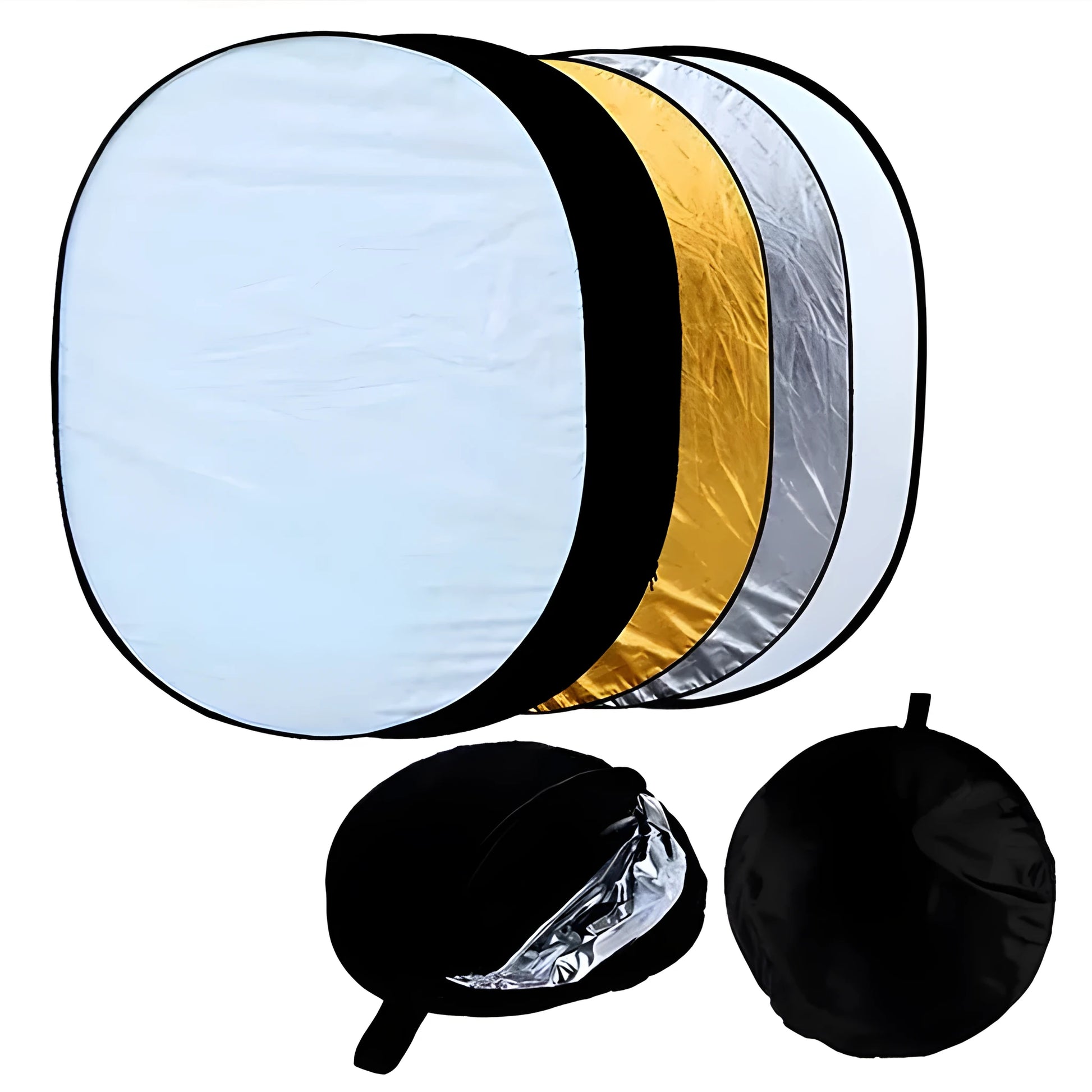 Collapsible 5-in-1 photography light reflector with gold, silver, white, black, and translucent surfaces