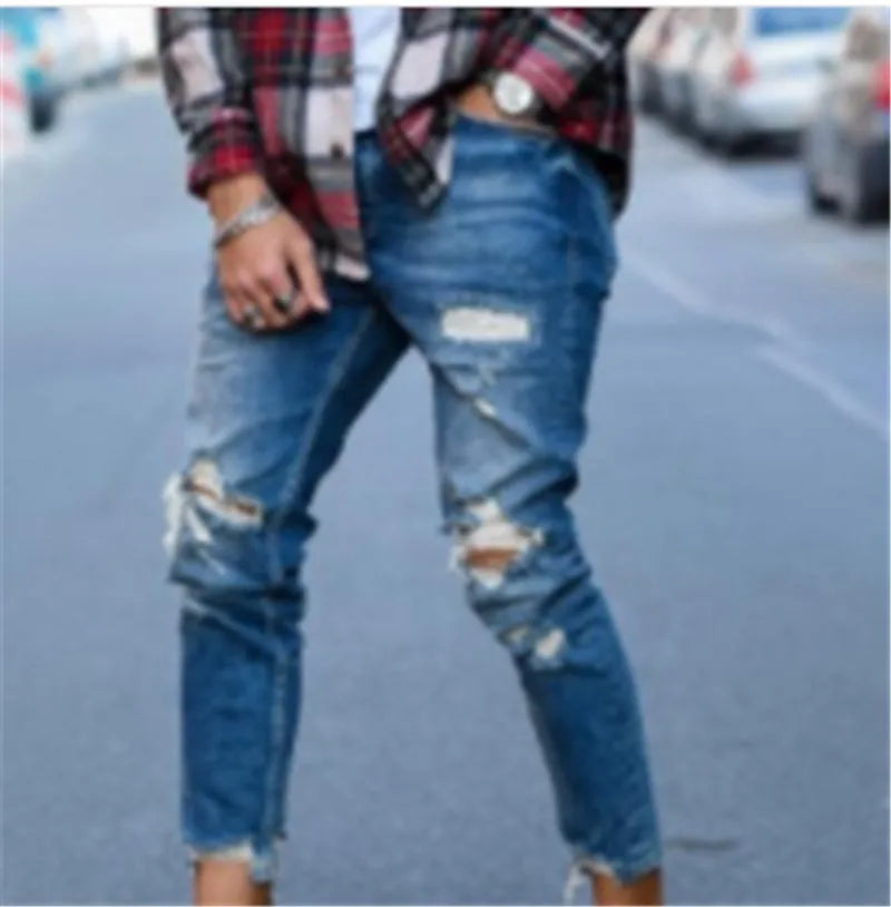 Men's distressed hole style jeans in deep blue cotton denim