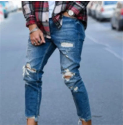 Men's distressed hole style jeans in deep blue cotton denim