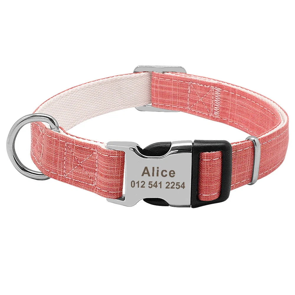 Custom engraved nylon dog collar with adjustable strap and personalized tag in various colors