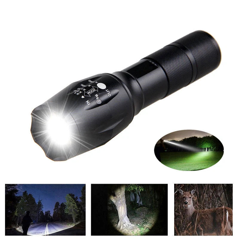 Zoomable LED flashlight for outdoor adventures, adjustable focus, durable aluminum alloy construction.