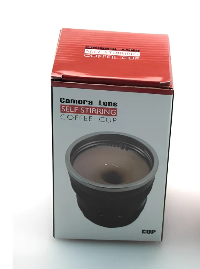 Self-stirring camera lens mug with stainless steel construction and automatic mixing button