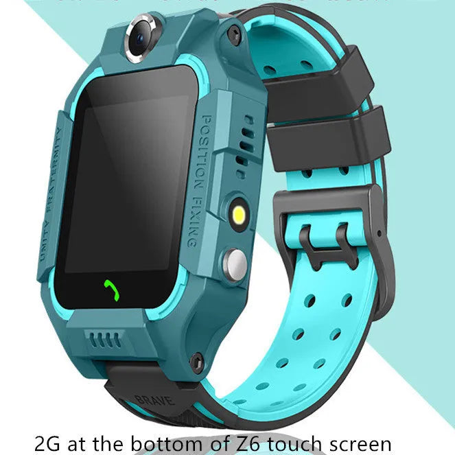 Z6 children smart watch with silicone strap, 128 x 128 touchscreen, and colour options in blue, pink, purple, and red