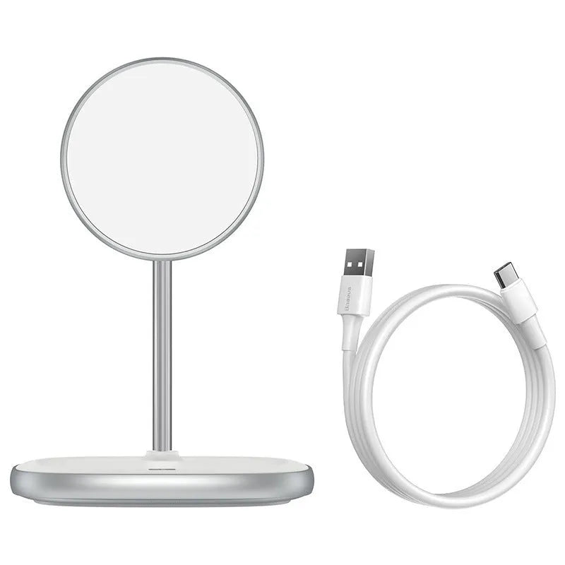 Swan magnetic wireless charging stand for iPhone 12 with 15W fast charging capability in black or white