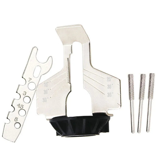 Silver mini electric grinder chain grinding machine with 100-tooth band saw blade for 20mm metal sharpening