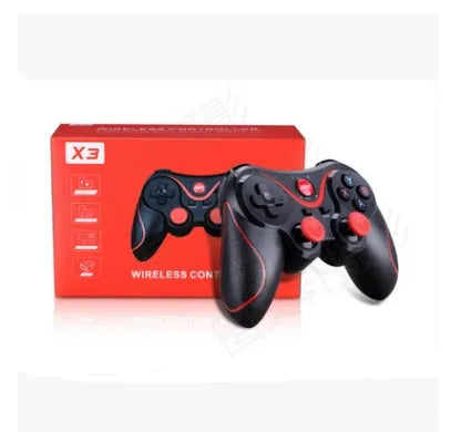 Upgraded X3 Bluetooth wireless game controller with mobile phone clip attached, showing textured grips and button layout