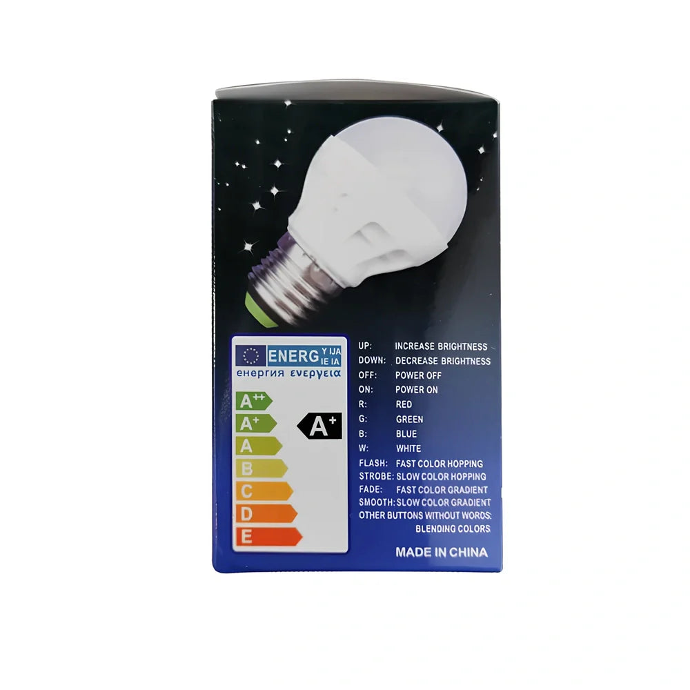 RGBW LED bulb with remote control showing colour-changing capability and plastic aluminium construction