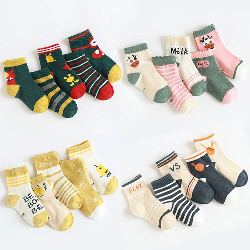 Kids' cartoon stockings with jacquard designs in various colors and patterns