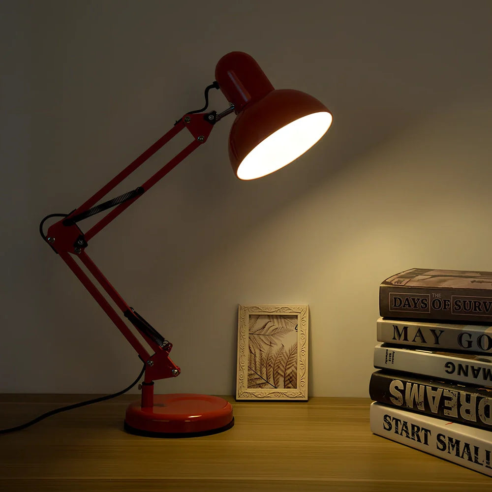 Black iron adjustable swing arm desk lamp with clip base and E27 socket, extended 40cm for workspace lighting