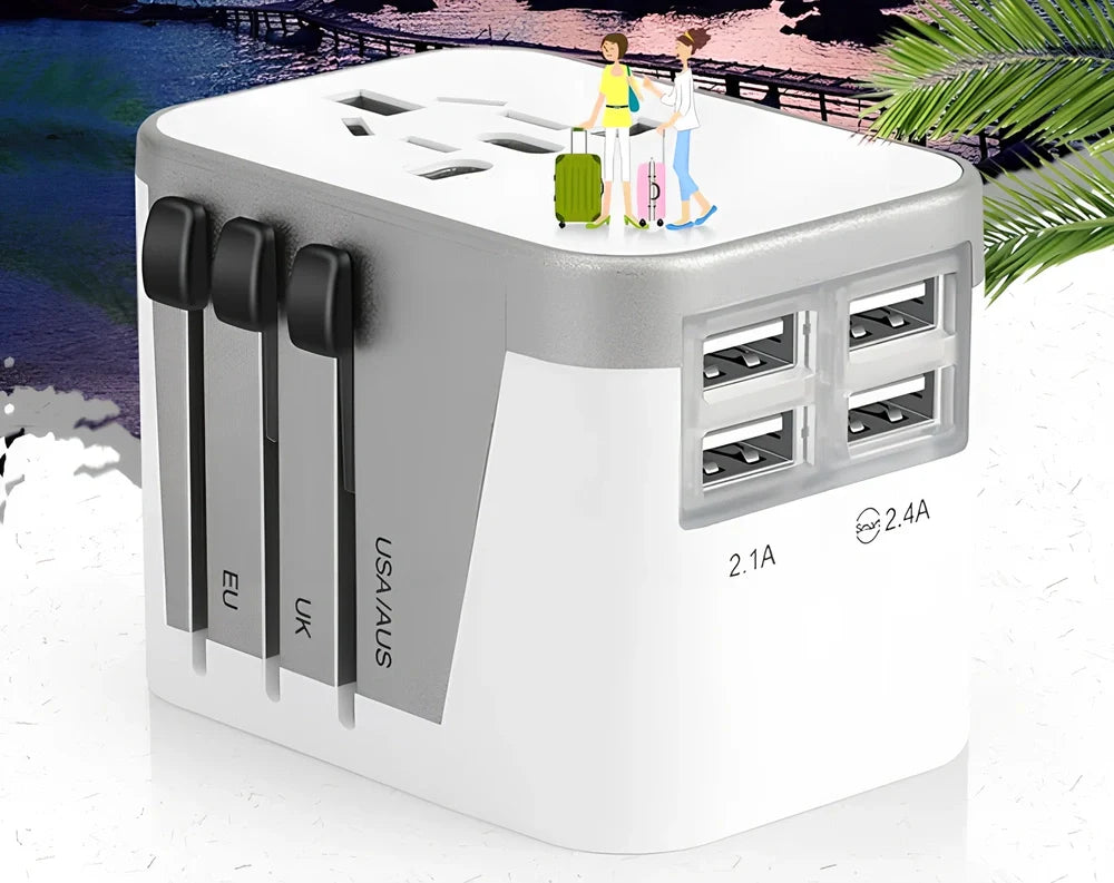 Black multi-country travel adapter 54x68x51mm with universal plugs for 2000W devices in 180 countries