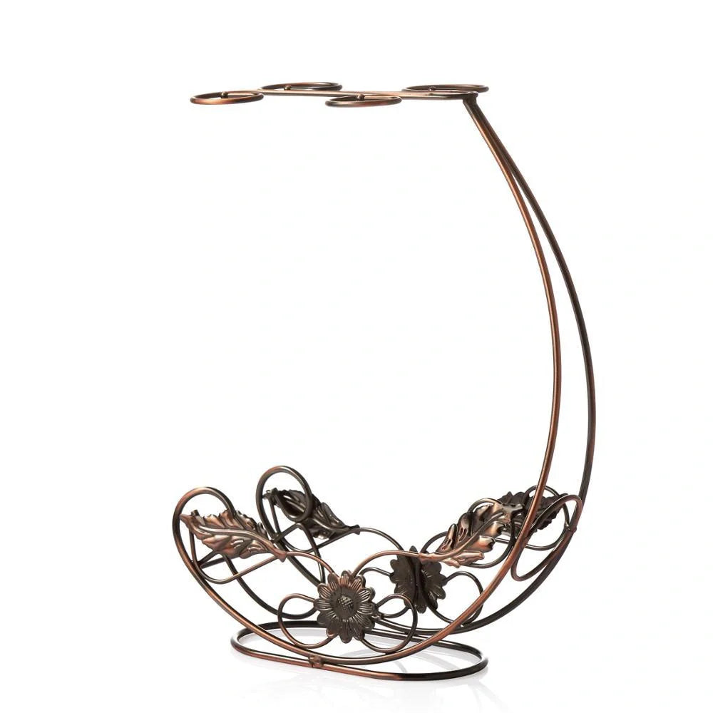 Copper wine rack with hanging glass holder in gold and bronze finishes