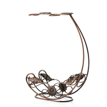 Copper wine rack with hanging glass holder in gold and bronze finishes